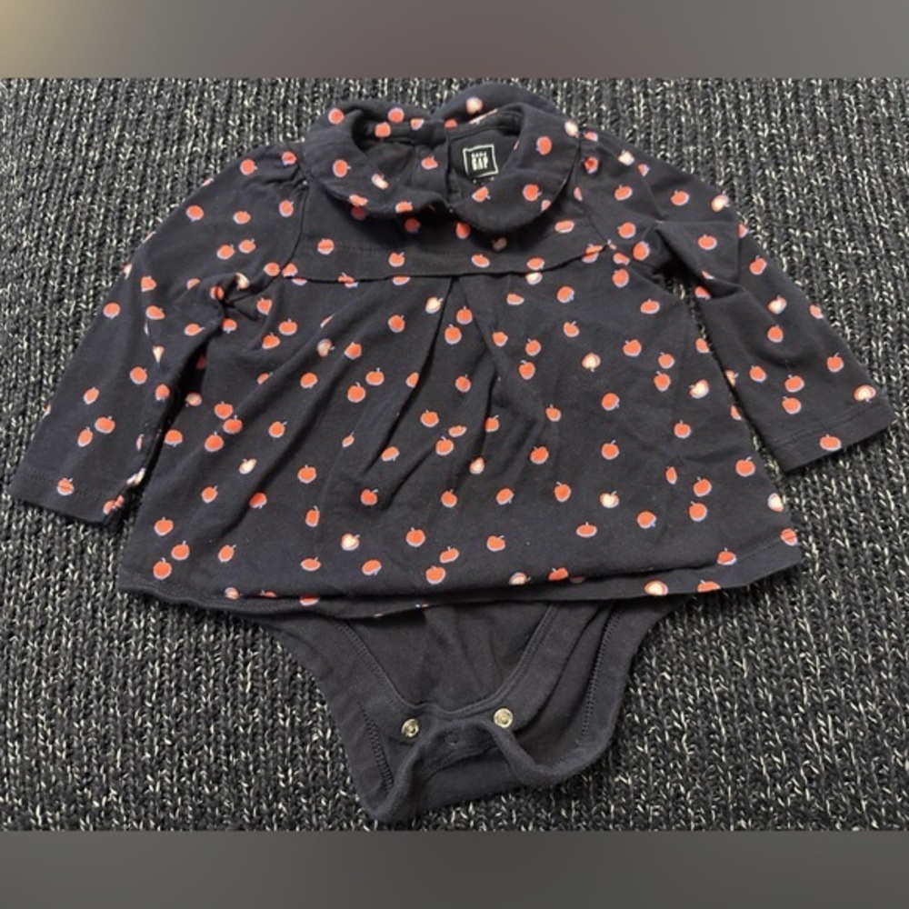 GAP Baby Girl Apple Print Dress Bodysuit 6–12M Peter Pan Collar Navy *
